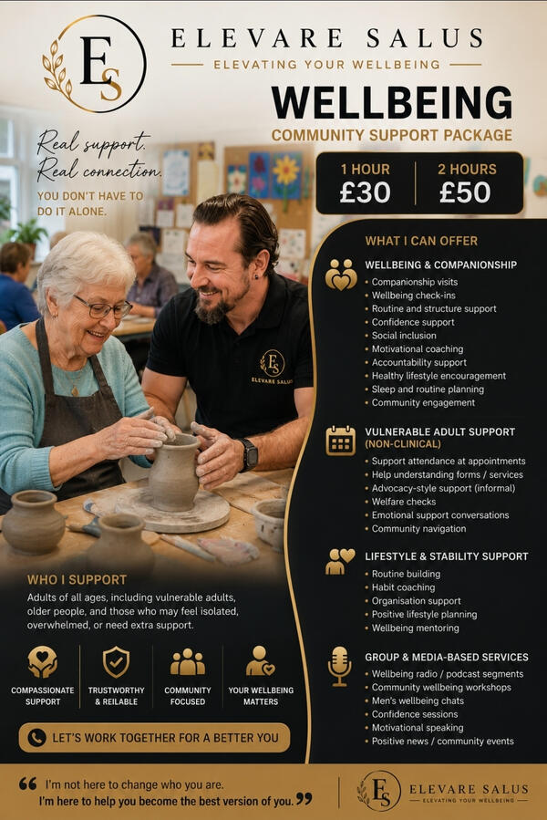 Elevare Salus Community Wellbeing & Support offers compassionate, non-clinical support designed to help people feel more confident, connected, and supported in everyday life. Founded by Scott Temple, Elevare Salus focuses on wellbeing, companionship, soci
